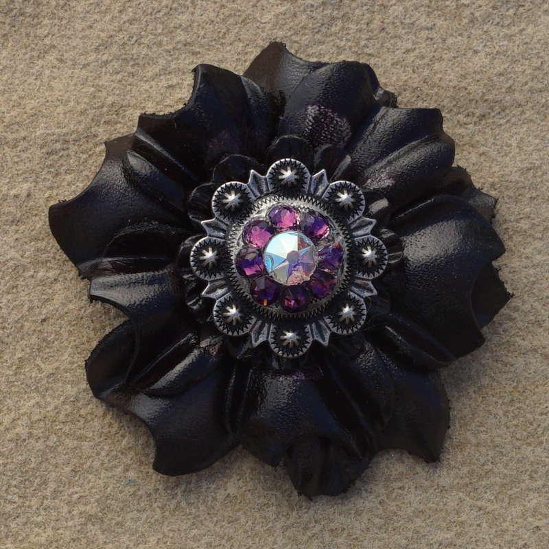 Black Carnation Flower With Antique Silver Amethyst and AB 1" Concho