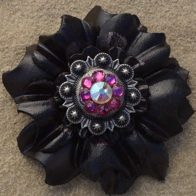 Black Carnations Leather Flowers - 1" Crystal Conchos - Options — view 6