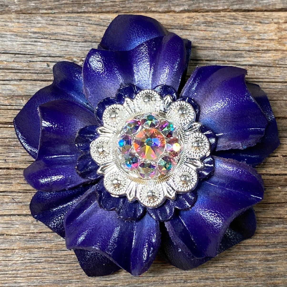 Blue Carnations Leather Flowers - 1" Crystal Conchos - Options — view 2