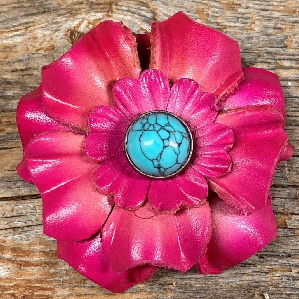 Hand Painted Leather Flowers - Carnations - Round Turquoise Cabochons — view 4