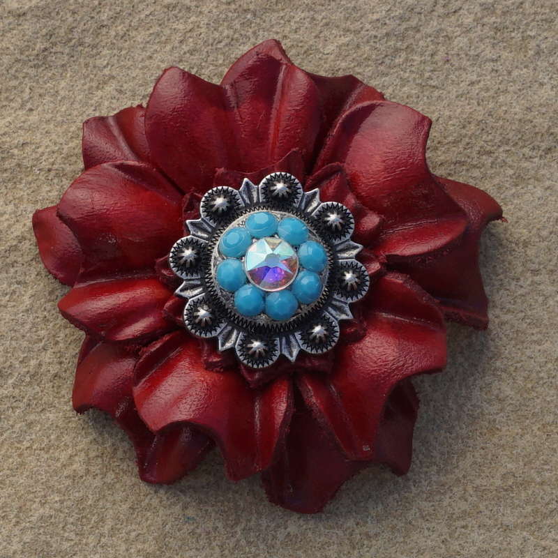 Red Carnations Leather Flowers - 1" Crystal Conchos - Options — view 2