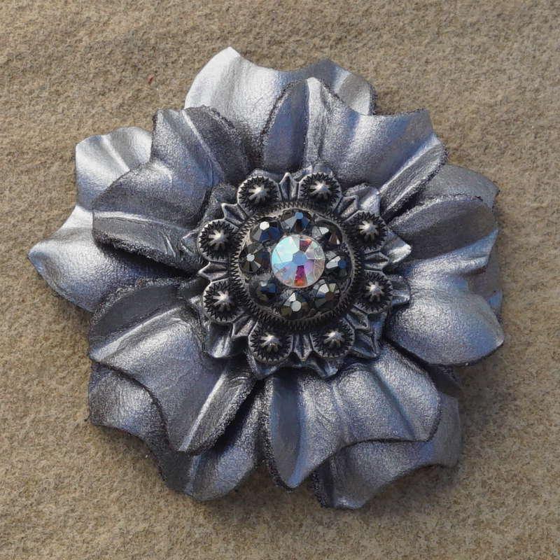 Silver Carnation Flower With Antique Silver Jet and AB 1" Concho