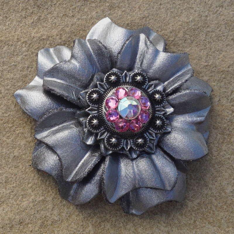 Silver Carnation Flower With Antique Silver Pink & AB 1" Concho
