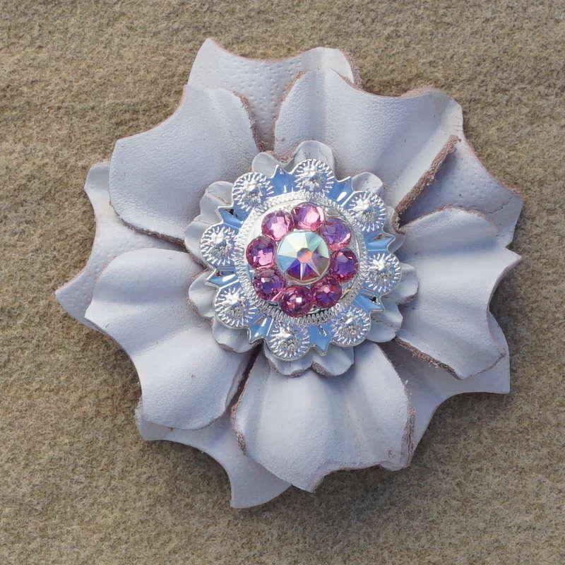 White Carnation Flower With Bright Silver Pink and AB 1" Concho
