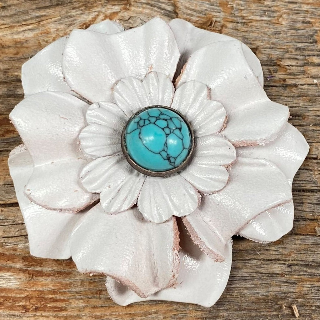Hand Painted Leather Flowers - Carnations - Round Turquoise Cabochons — view 3