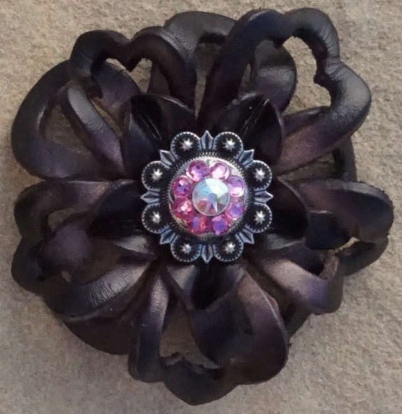 Black Lotus Flower With Antique Silver Pink and AB 1" Concho