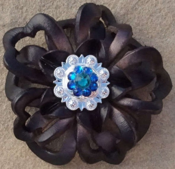 Black Lotus Flower With Bright Silver Teal and Capri 1" Concho