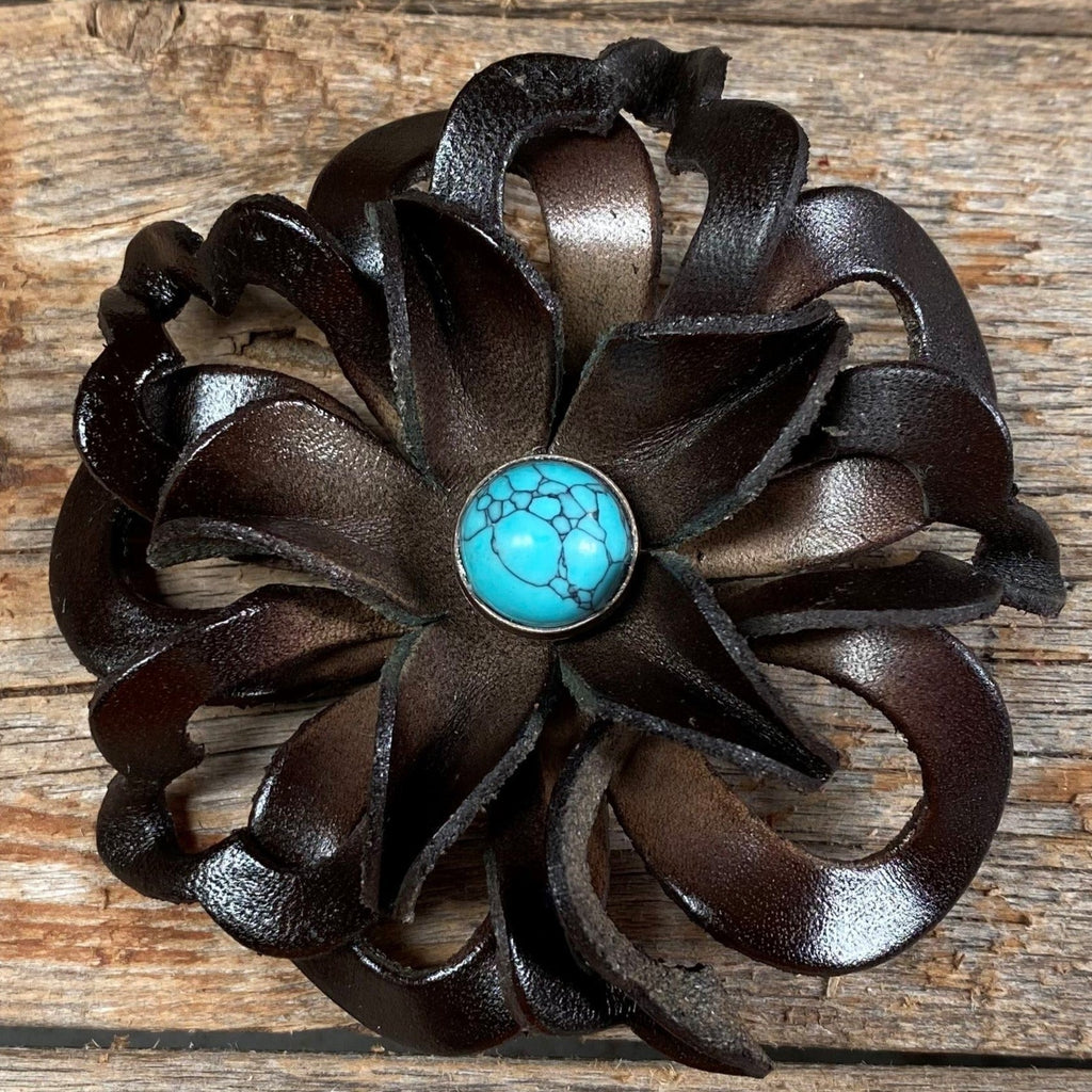 Hand Painted Leather Flowers - Lotus - Round Turquoise Cabochons — view 4