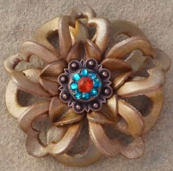 Gold Lotus Flower With Copper Fire Opal and Teal 1" Concho