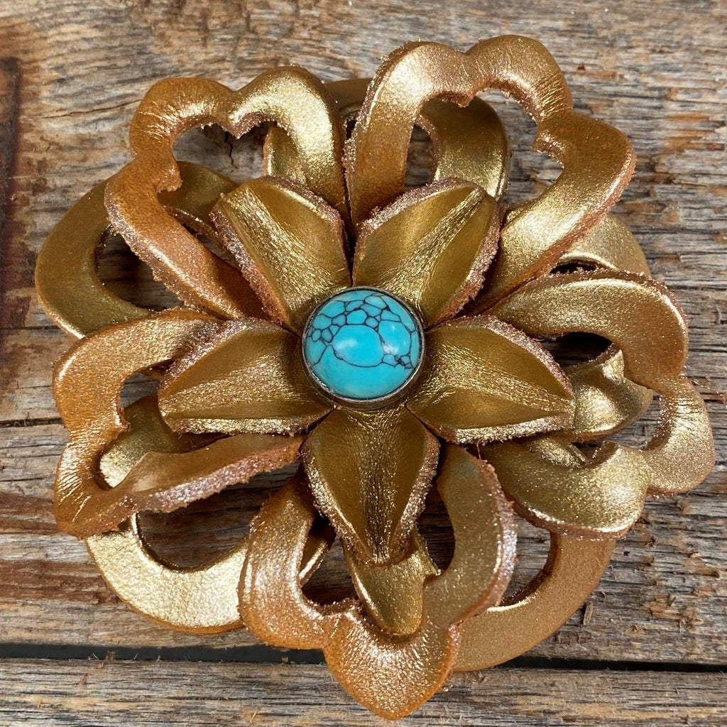 Hand Painted Leather Flowers - Lotus - Round Turquoise Cabochons — view 3