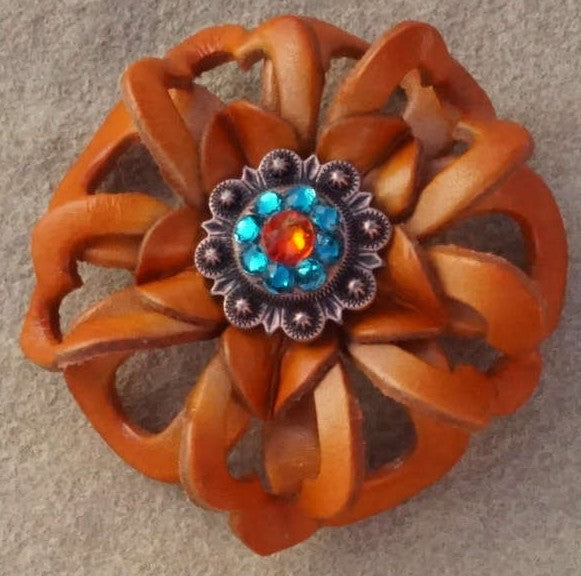 Orange Lotus Flower With Copper Fire Opal & Teal 1" Concho