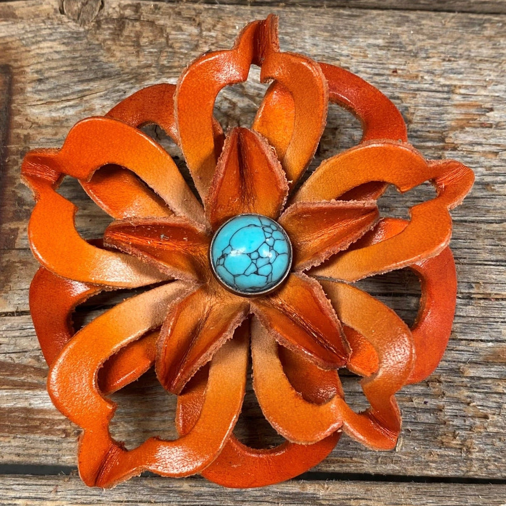 Hand Painted Leather Flowers - Lotus - Round Turquoise Cabochons — view 6