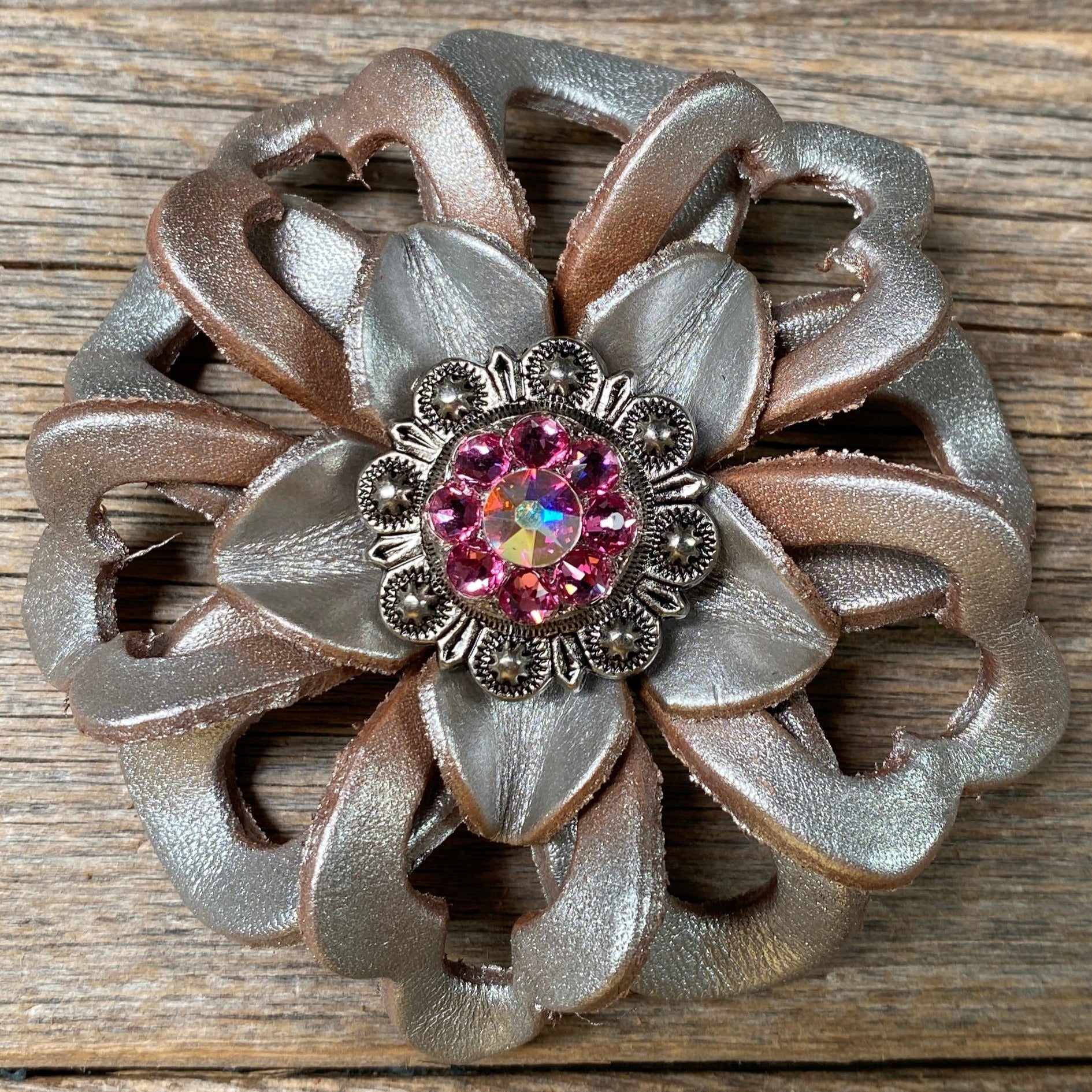 Silver Lotus Leather Flowers - 1" Crystal Conchos - Options — view 4