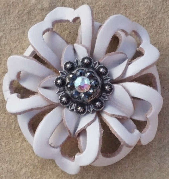 White Lotus Flower With Antique Silver Jet and AB 1" Concho