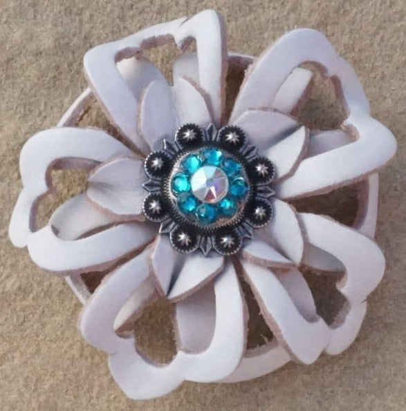 White Lotus Flower With Antique Silver Teal & AB 1" Concho