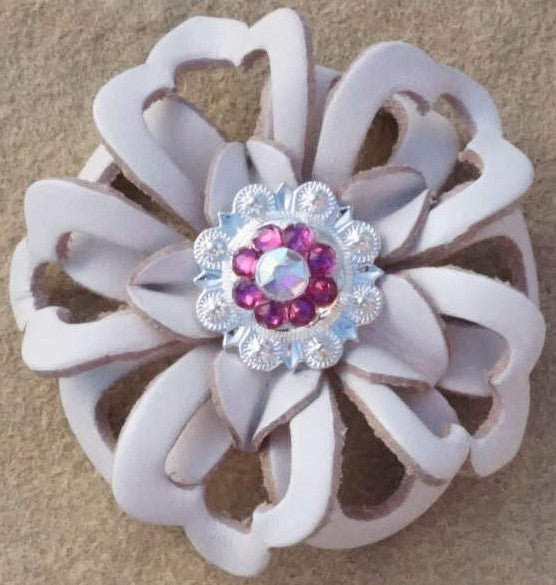 White Lotus Flower With Bright Silver Fuchsia and AB 1" Concho