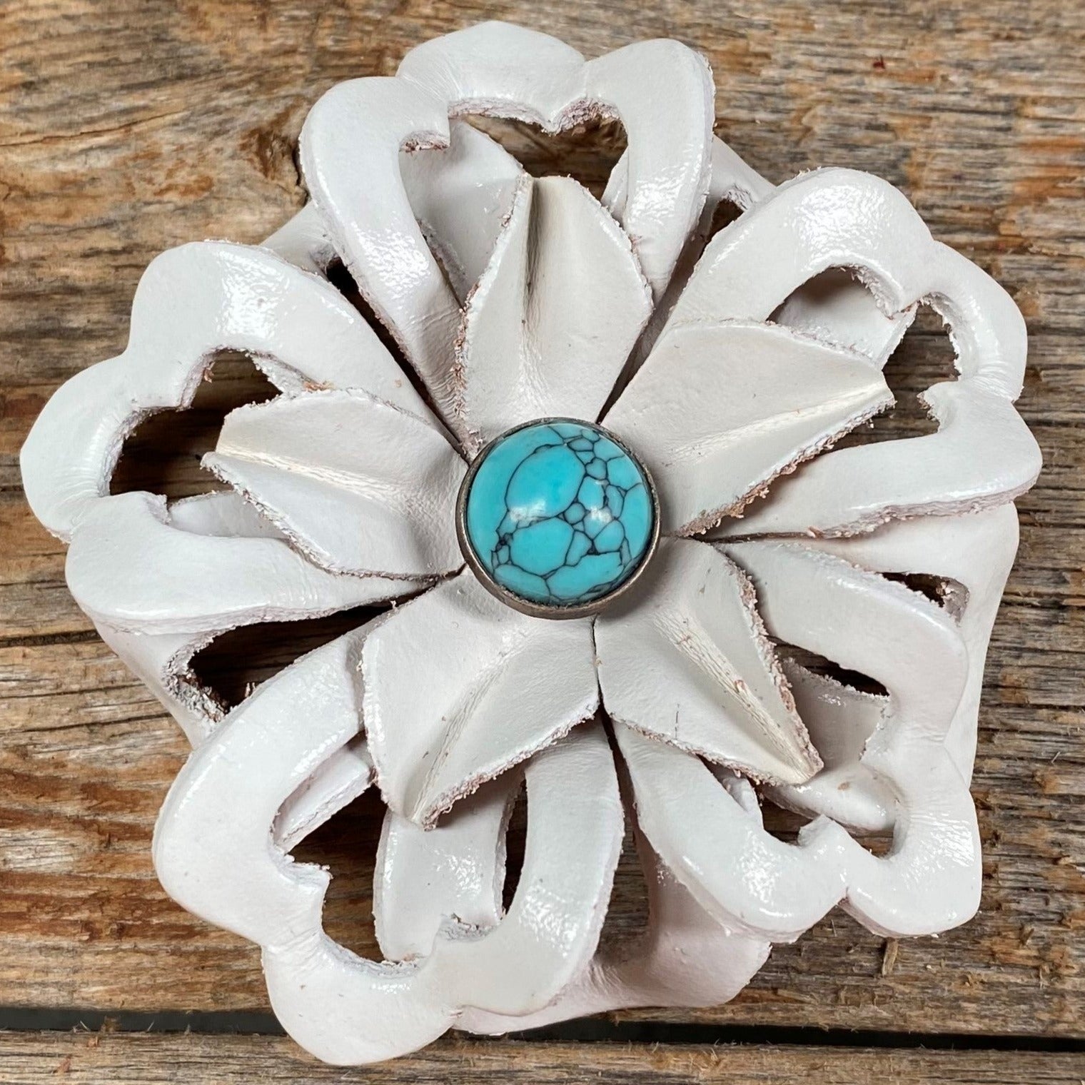 Hand Painted Leather Flowers - Lotus - Round Turquoise Cabochons — view 2
