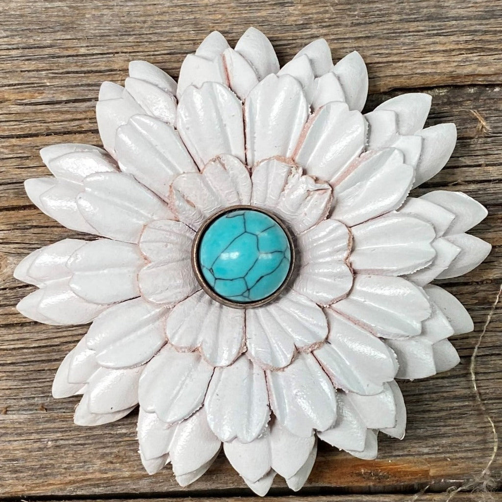 Hand Painted Leather Flowers - Daisies - Round Turquoise Cabochons — view 3