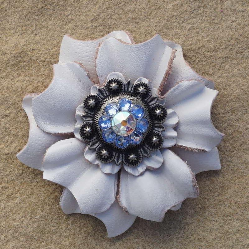 White Carnation Flower With Antique Silver Light Sapphire and AB 1" Concho