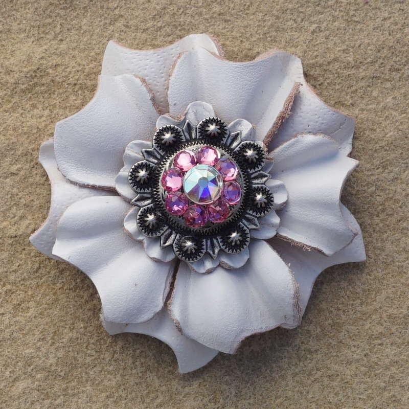 White Carnation Flower With Antique Silver Pink and AB 1" Concho