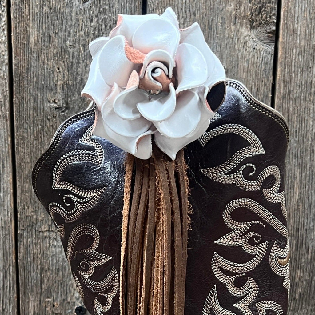Boot Cuff Jewelry - White Leather Rose - Fringe