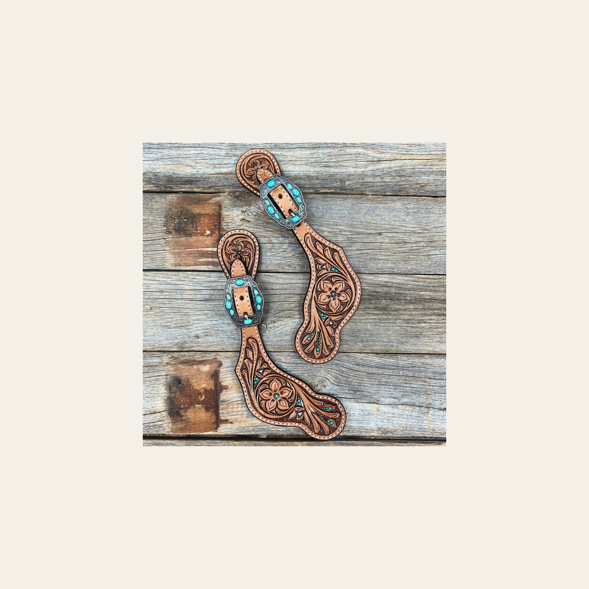 Floral Teal Dot Antique Silver Turquoise Spur Straps #SS125 on a warm cream background