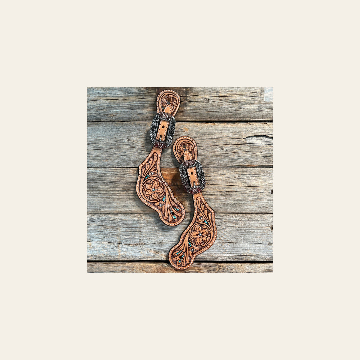 Floral Teal Dot Spur Straps - Copper Flower #SS106 on a warm cream background