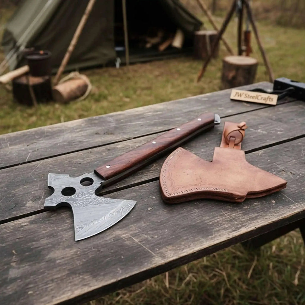 Damascus Tri-Hole Tomahawk with Skeletonized Forged Head