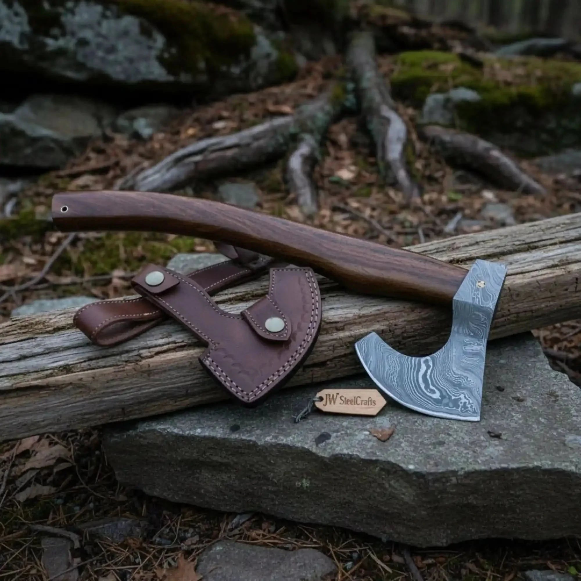 Vornska Damascus Bushcraft Hatchet with Hooked Bearded Head