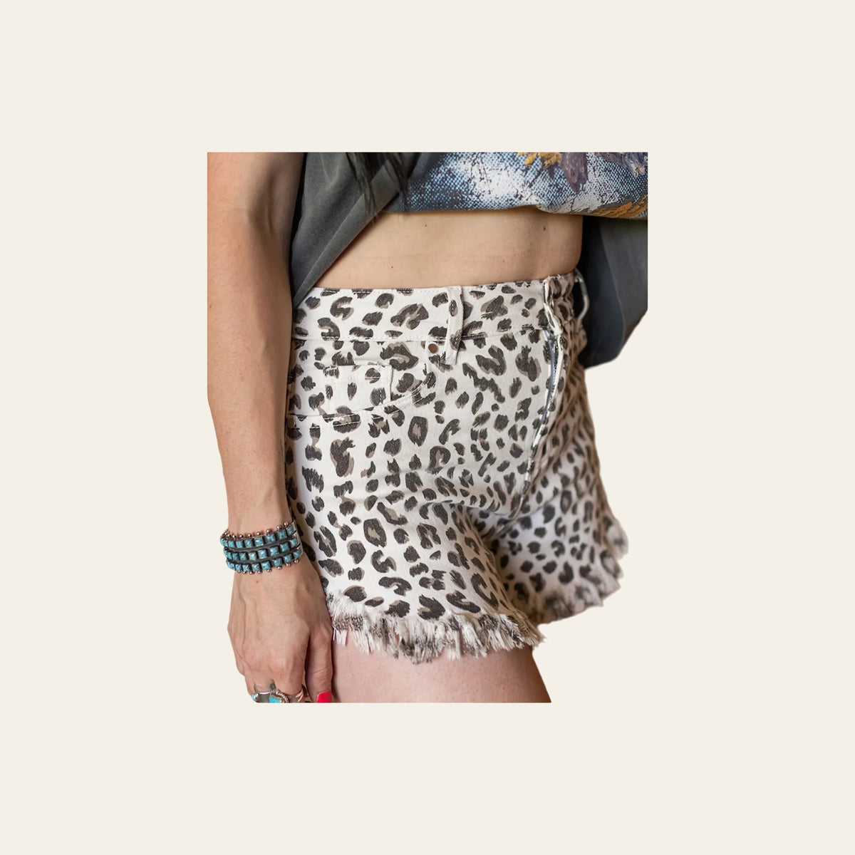 Frayed Leopard Denim | Shorts on a warm cream background