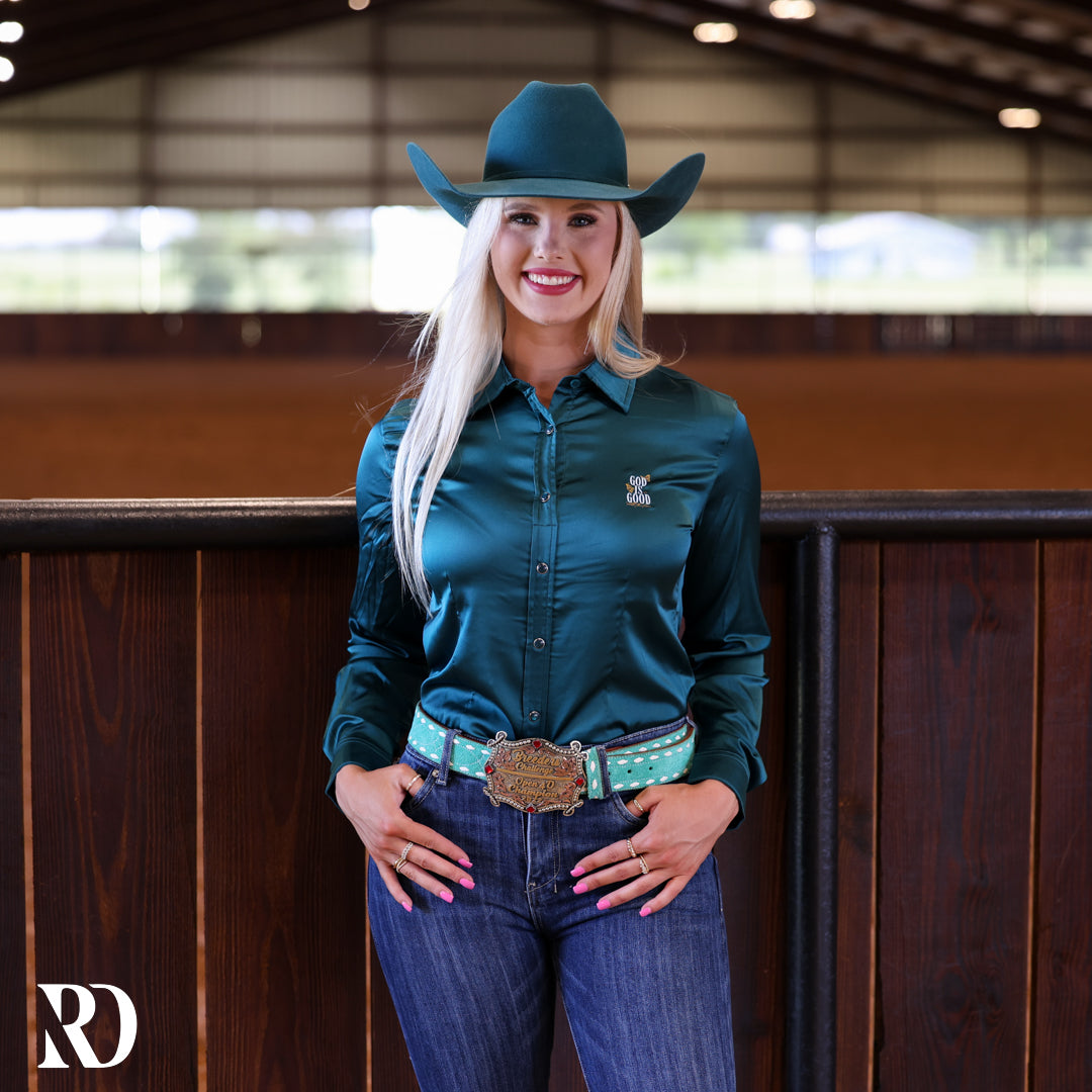 God Is Good Deep Teal Satin Performance Rodeo Shirt