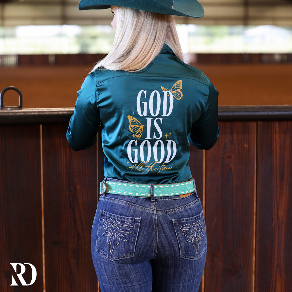 God Is Good Deep Teal Satin Performance Rodeo Shirt — view 2