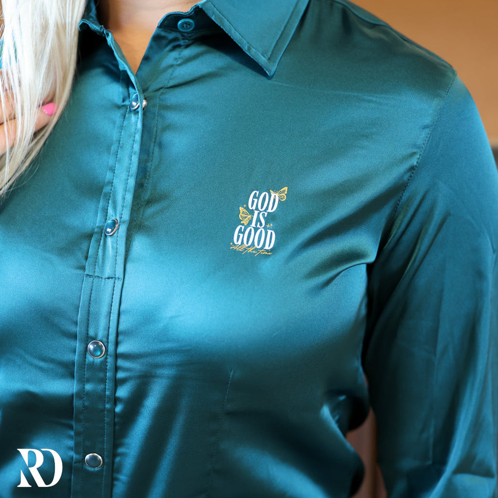 God Is Good Deep Teal Satin Performance Rodeo Shirt — view 3