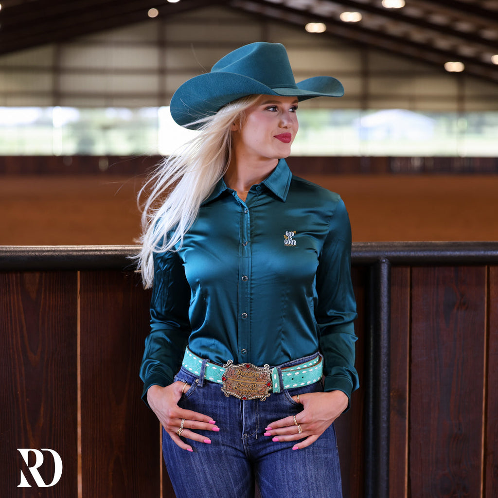 God Is Good Deep Teal Satin Performance Rodeo Shirt — view 4