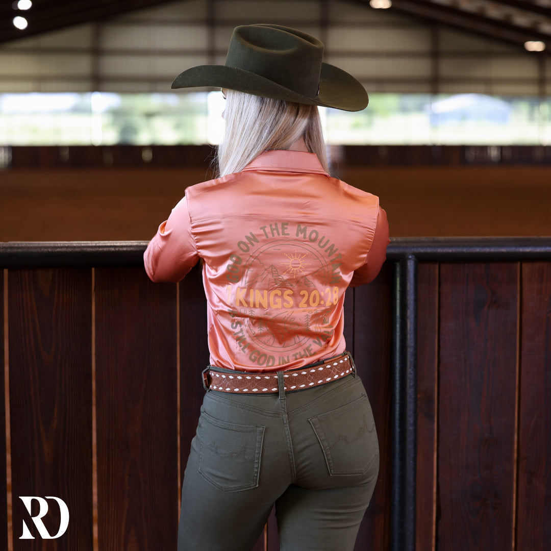 God On The Mountain Peach Satin Performance Rodeo Shirt — view 2