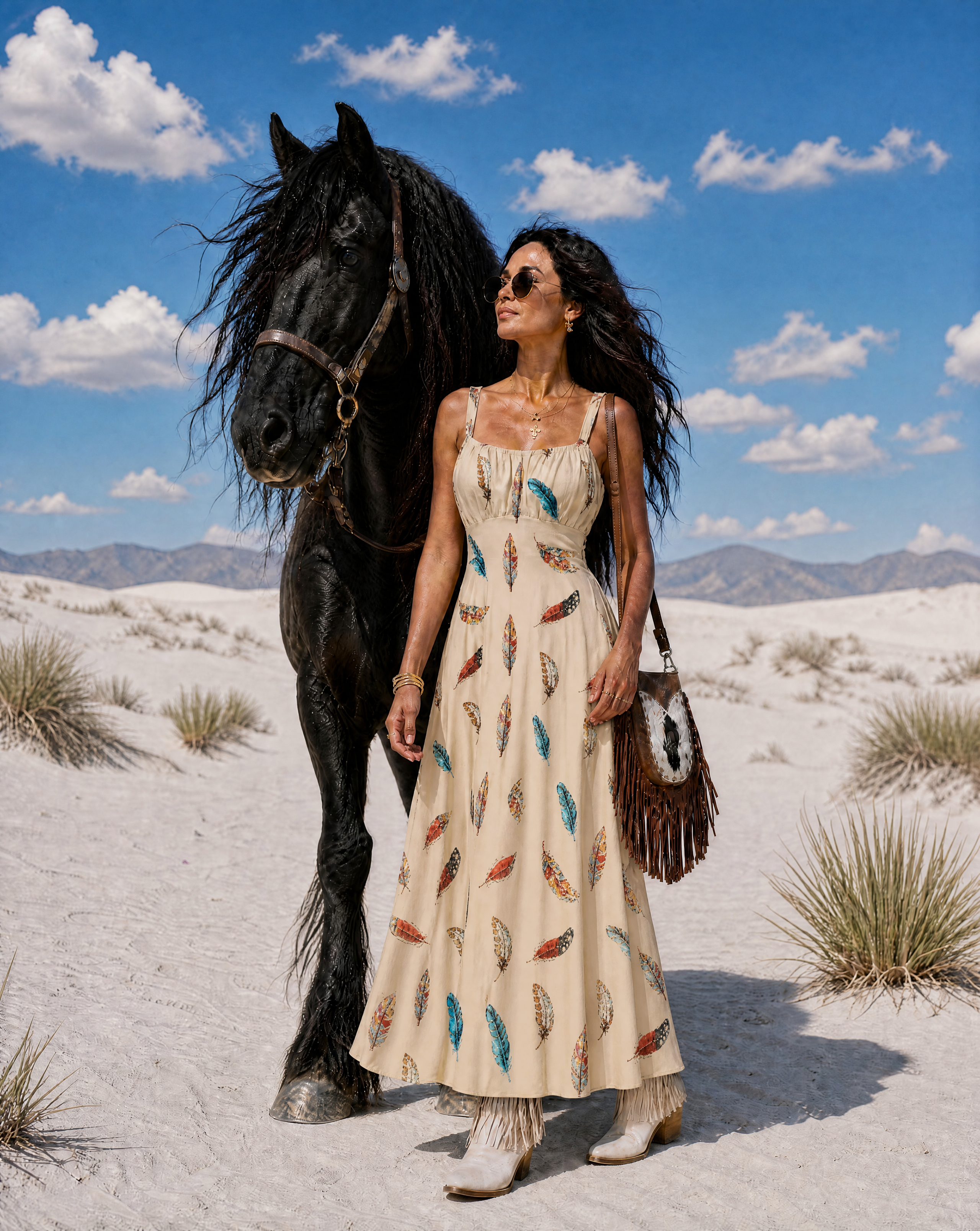 Baha Ranch Country Girl Feather Print High Waist Sun Dress by Baha Ranch Western Wear