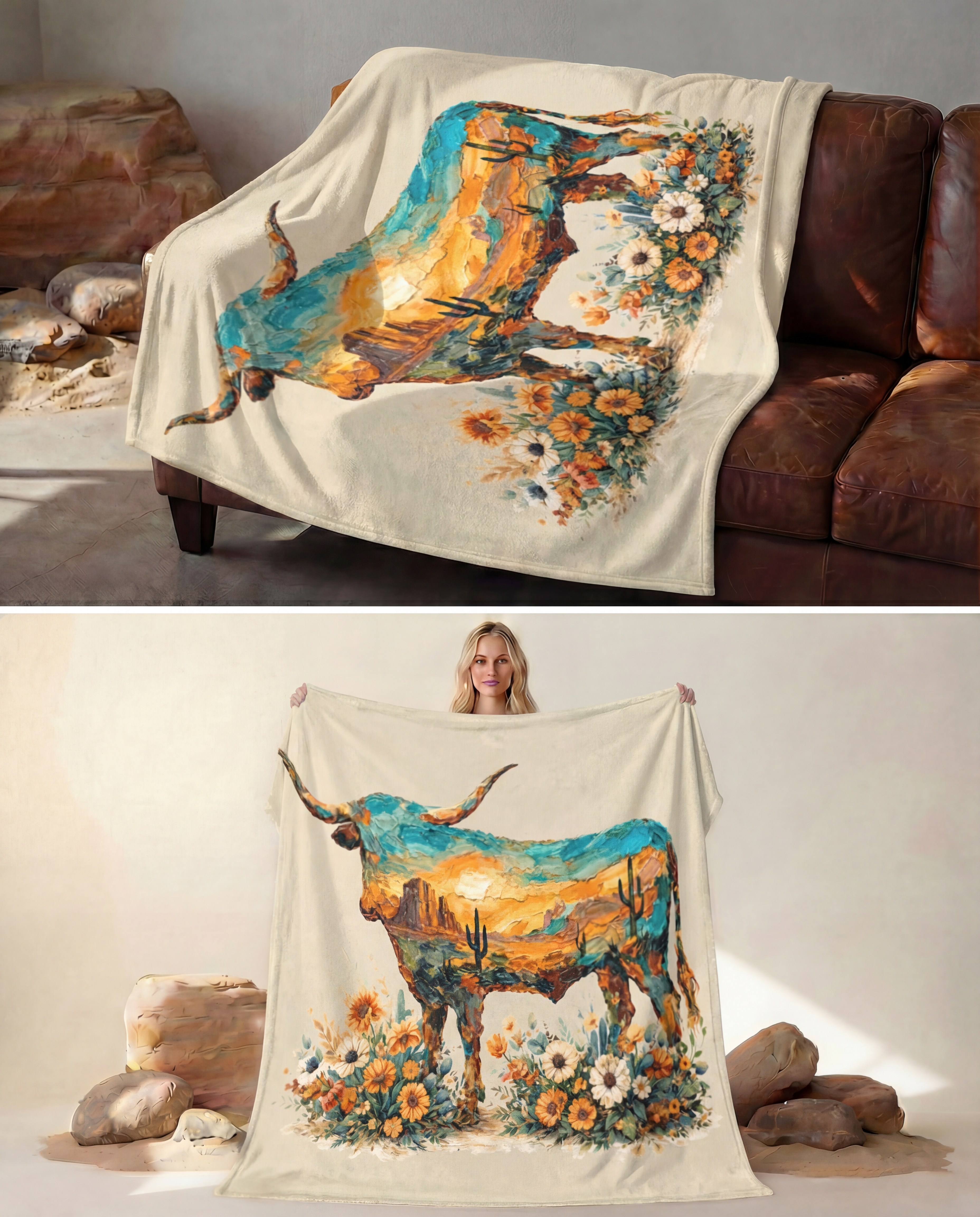 Baha Ranch Painted Longhorn Throw Blanket 60" x 80" Made in America by Baha Ranch Western Wear - product image 2