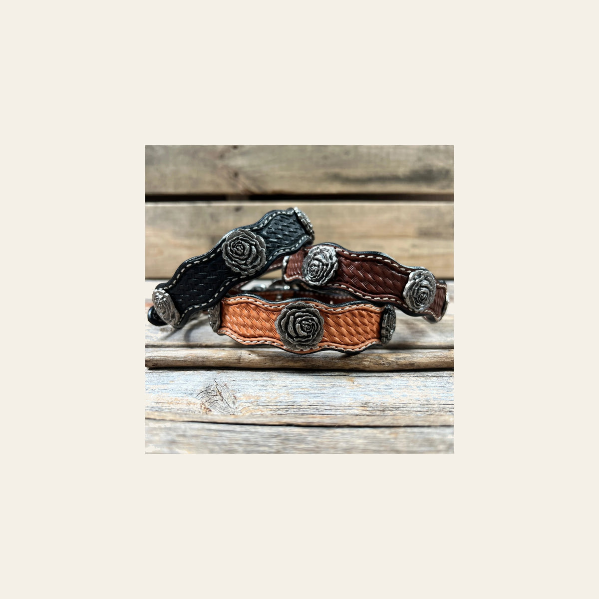 Genuine Leather Dog Collar With Antique Silver Rose Conchos 10" to 22" W108S -DC60 on a warm cream background