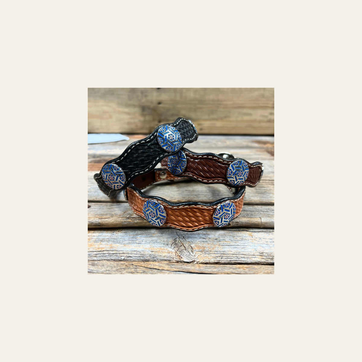 Genuine Leather Dog Collar With Blue Geometric Conchos 10" to 22" W236S -DC67 on a warm cream background