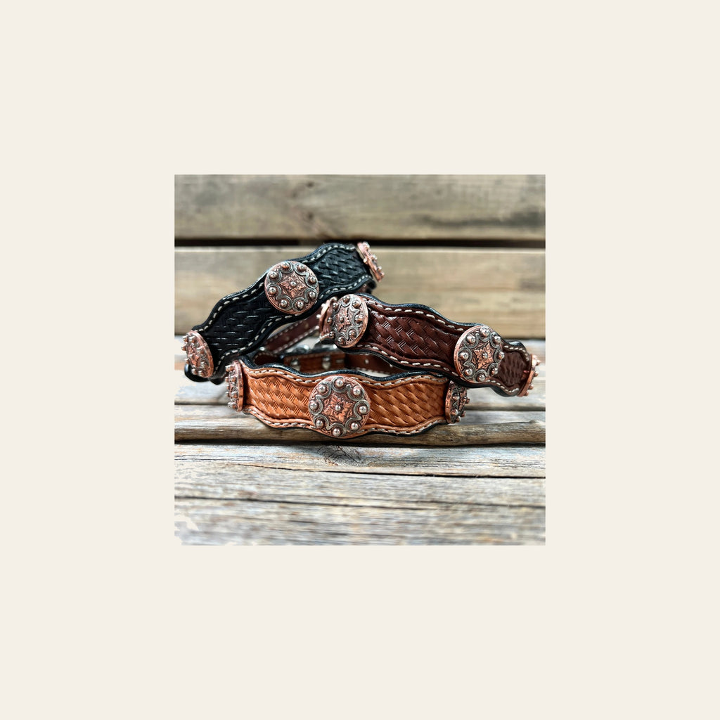 Genuine Leather Dog Collar With Copper Dots Conchos 10" to 22" W184S -DC58 on a warm cream background