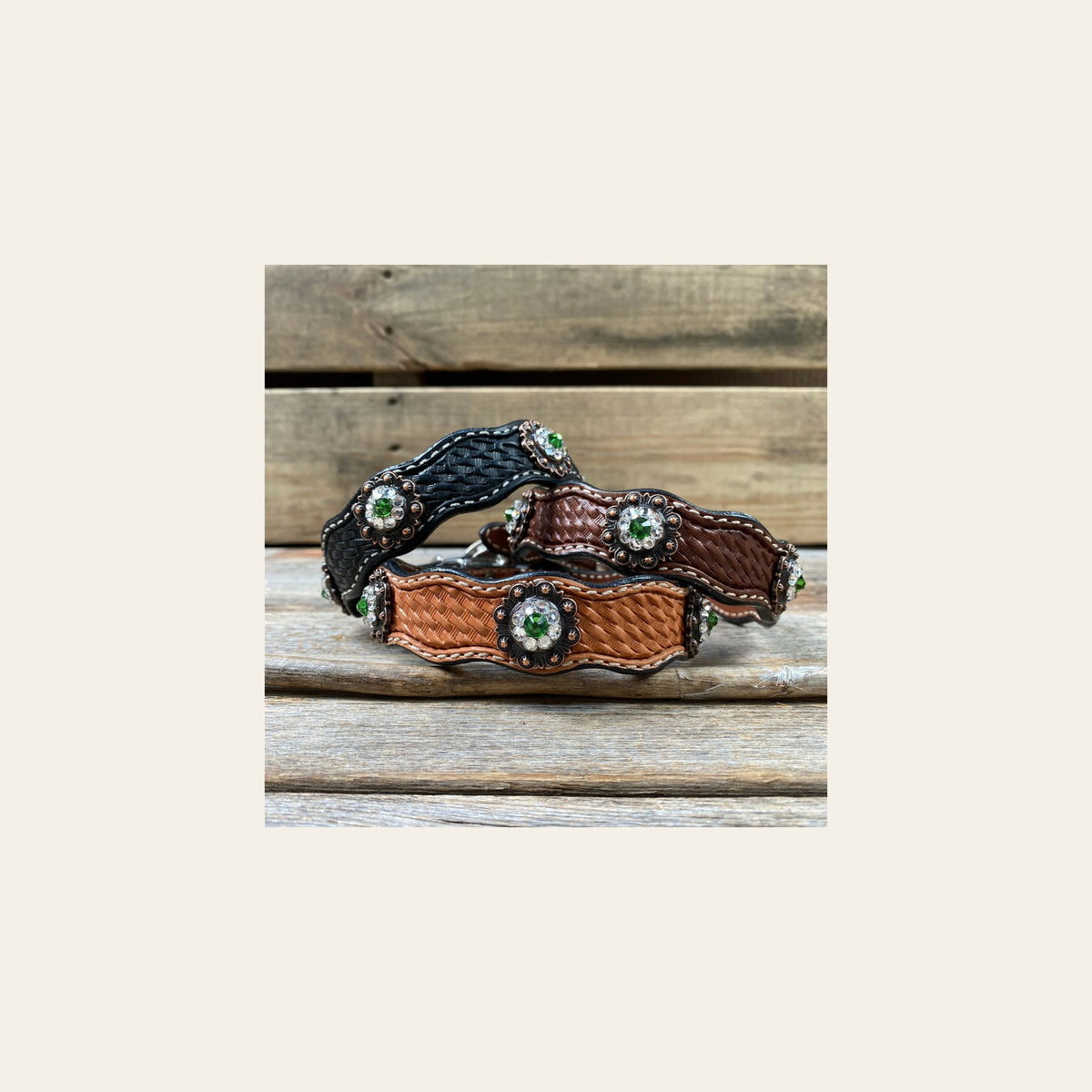Genuine Leather Dog Collar With Copper Fern and Clear Conchos 10" to 22" -DC11 on a warm cream background