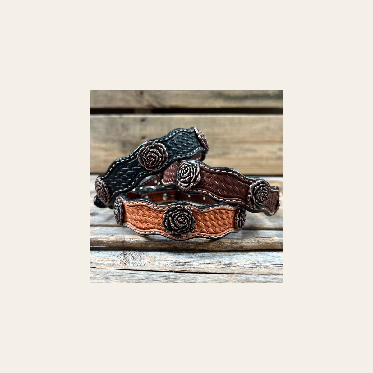 Genuine Leather Dog Collar With Copper Rose Conchos 10" to 22" W107S -DC61 on a warm cream background