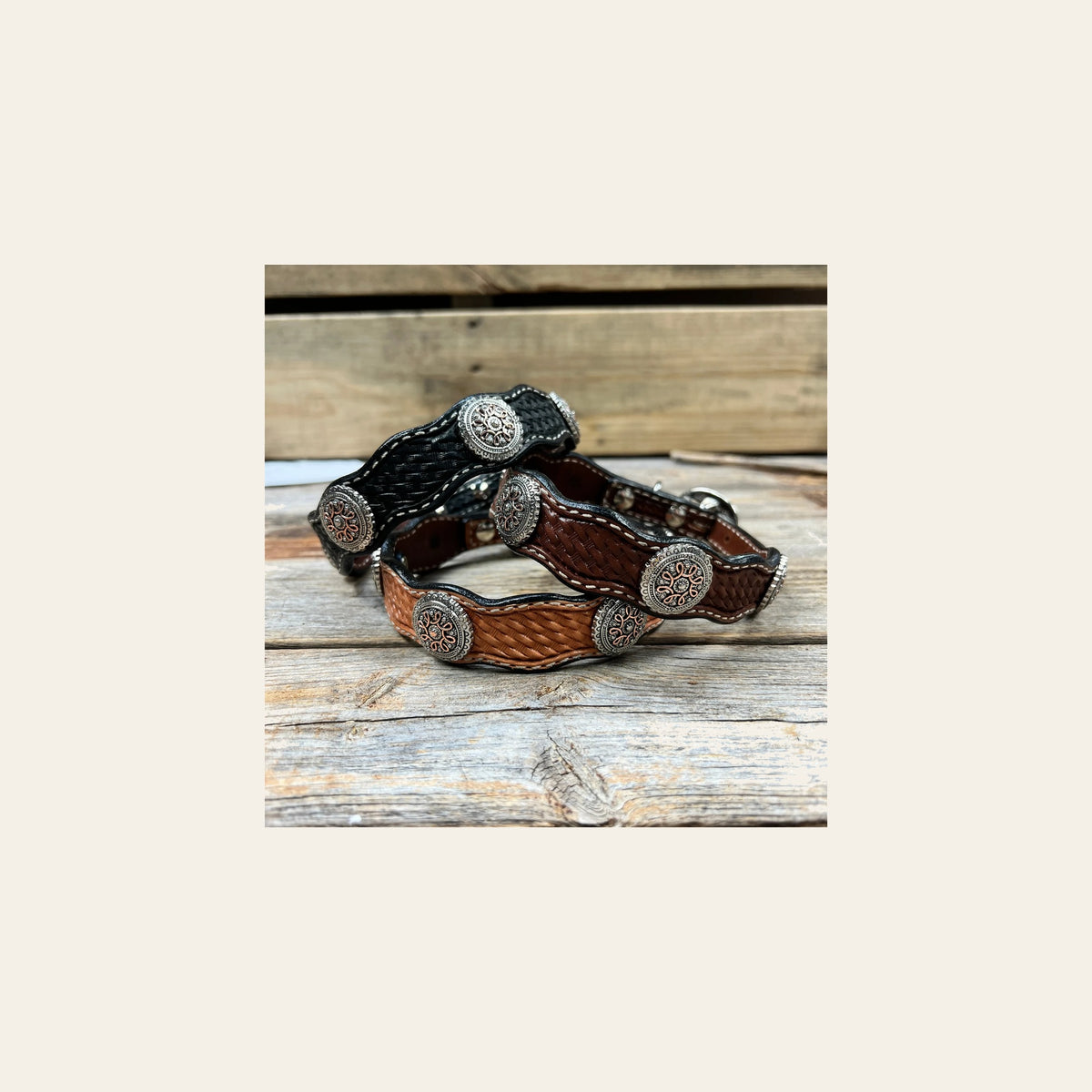 Genuine Leather Dog Collar With Flower and Loops Conchos 10" to 22" W235S -DC68 on a warm cream background