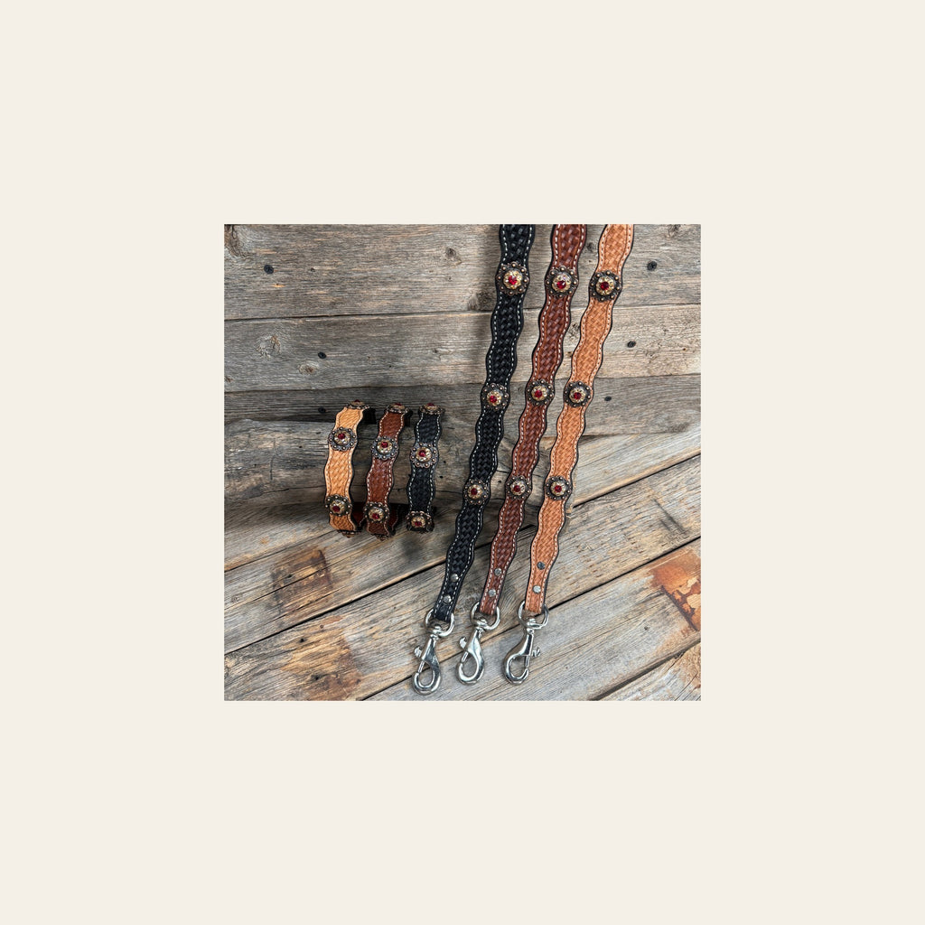 Genuine Leather Dog Collar or Leash With Copper Ruby and Champagne Conchos 10" to 22" orDC38 on a warm cream background