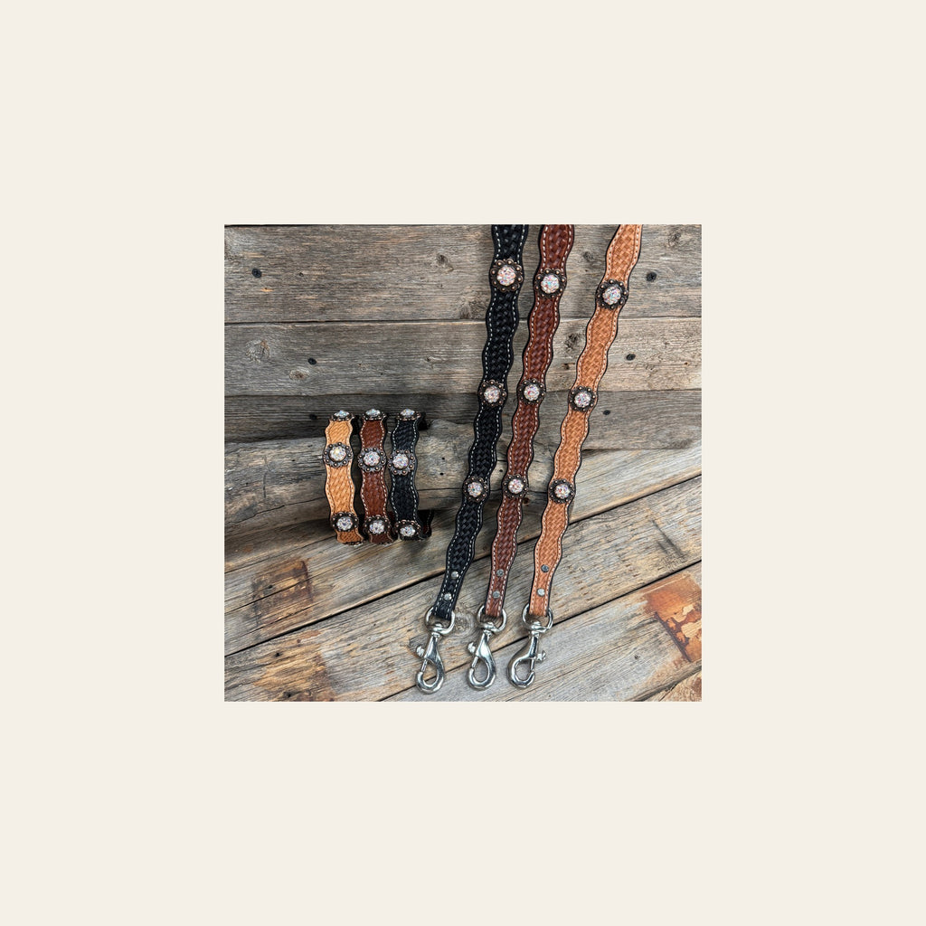 Genuine Leather Dog Collar or Leash With Copper AB Conchos 10" to 22" DC33 on a warm cream background