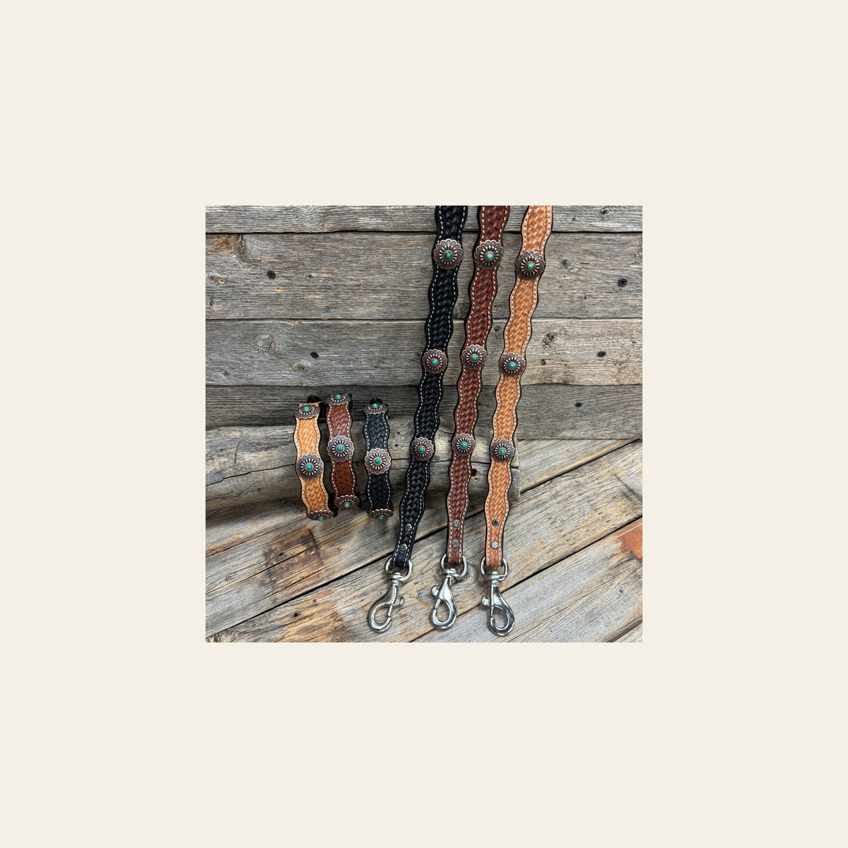 Genuine Leather Dog Collar or Leash With Copper Green Turquoise Conchos 10" to 22" W103S -DC51 on a warm cream background
