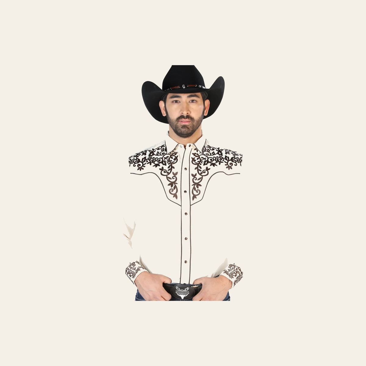 El Señor de los Cielos Embroidery Shirt Beige/Gold 126703 on a warm cream background
