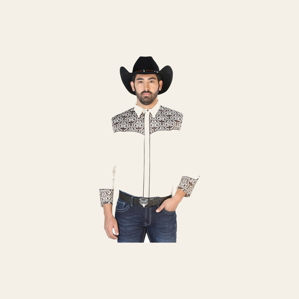 El Señor de los Cielos Embroidery Shirt Beige/Gold 126706 on a warm cream background