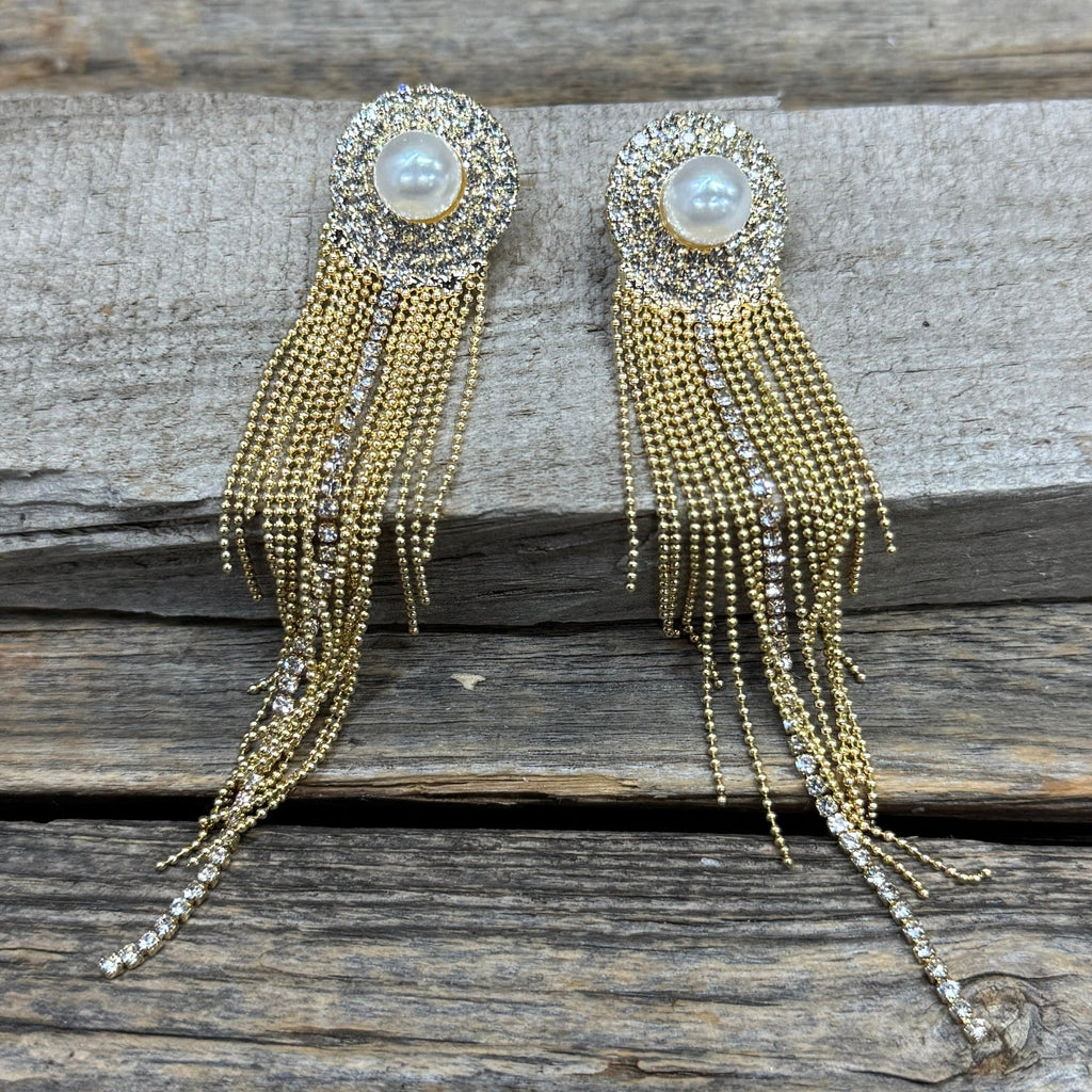 Rodeo Gold Pearl and Rhinestone Dangle Fashion Earrings