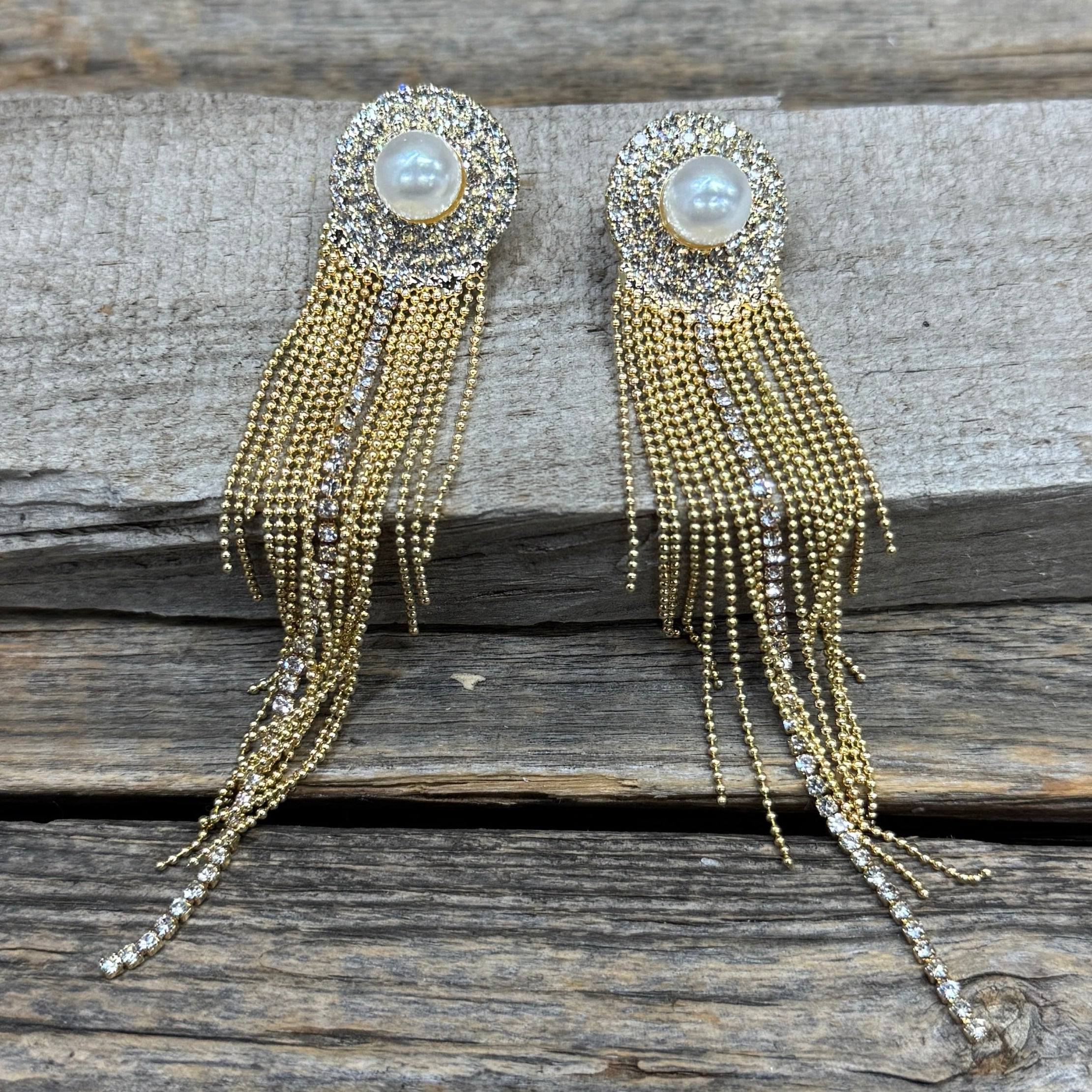 Rodeo Gold Pearl and Rhinestone Dangle Fashion Earrings